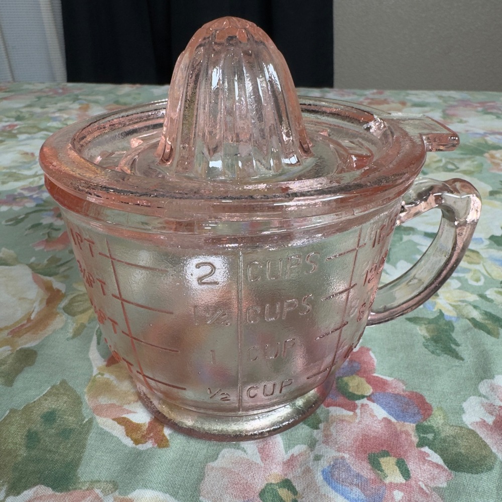 Vintage Pink Depression Glass Citrus Juicer Reamer 2 Cup Measuring Pitcher Set
